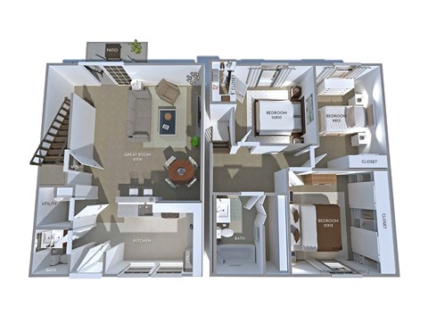 Floor plan for 3 beds, 1.5 baths, 1239 sqft